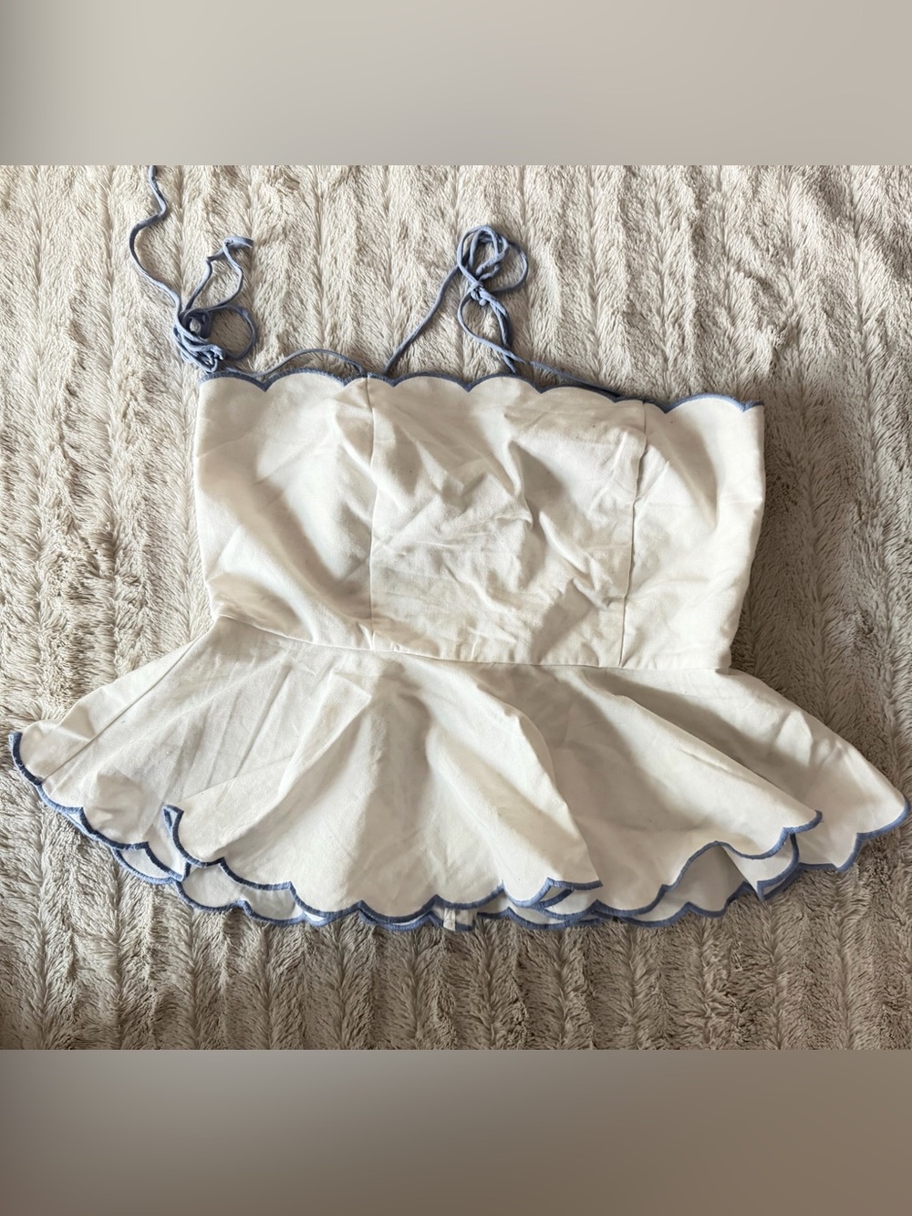 White Scalloped Peplum Tank with Blue Trim